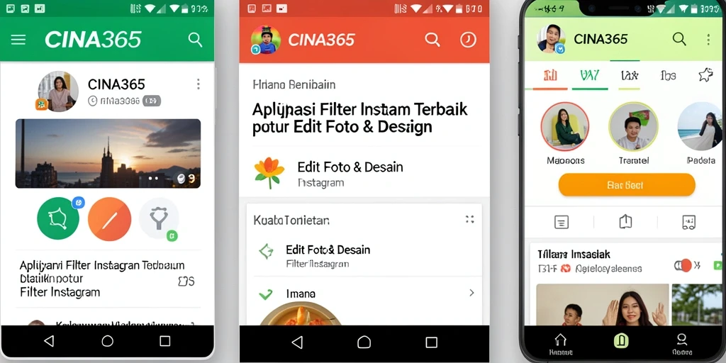Antarmuka CINA365 dengan banyak pilihan filter Instagram yang menarik.