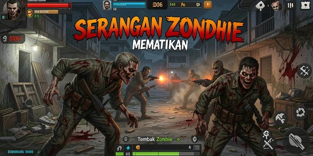 Screenshot D06 memperlihatkan aksi menembak zombie yang mendebarkan.