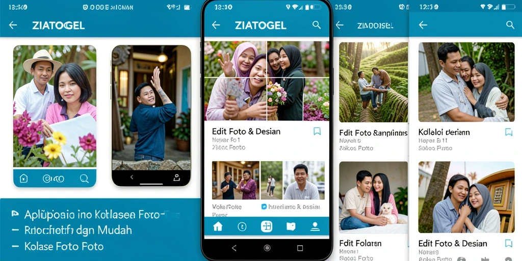Antarmuka ZIATOGEL menampilkan kolase foto yang kreatif dan menarik.